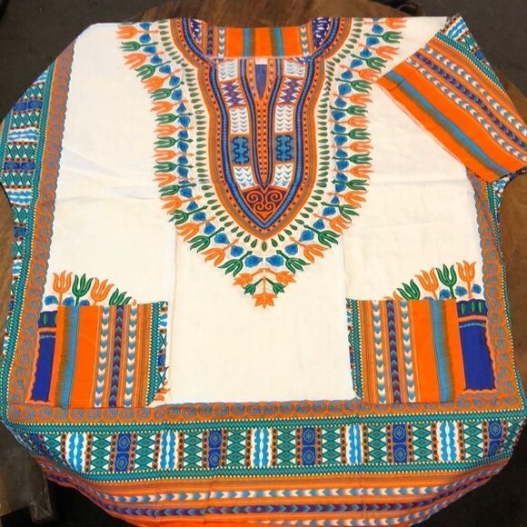 Dakishi shirt white/blue/orange one size NWOT - Picture 1 of 8
